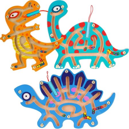 3-Pack Wooden Magnetic Maze Toys for Kids 3+, Dinosaur Interactive Puzzle Game Boards  Labyrinth Activity Child Fine Motor Skill Development Preschool Birthday Gifts (3 Dinosaurs)
