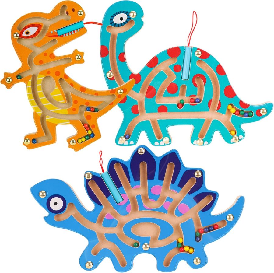 3-Pack Wooden Magnetic Maze Toys for Kids 3+, Dinosaur Interactive Puzzle Game Boards  Labyrinth Activity Child Fine Motor Skill Development Preschool Birthday Gifts (3 Dinosaurs)