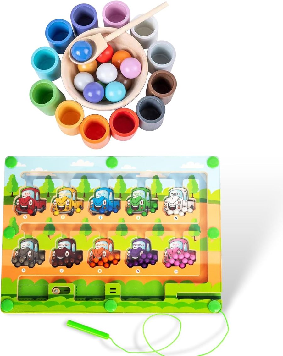 Rainbow Balls in Cups and Magnetic Maze Toddler  Toys for 1 Year Old Up, Kids Preschool Wooden Matching Games for Learning Color Sorting and Counting