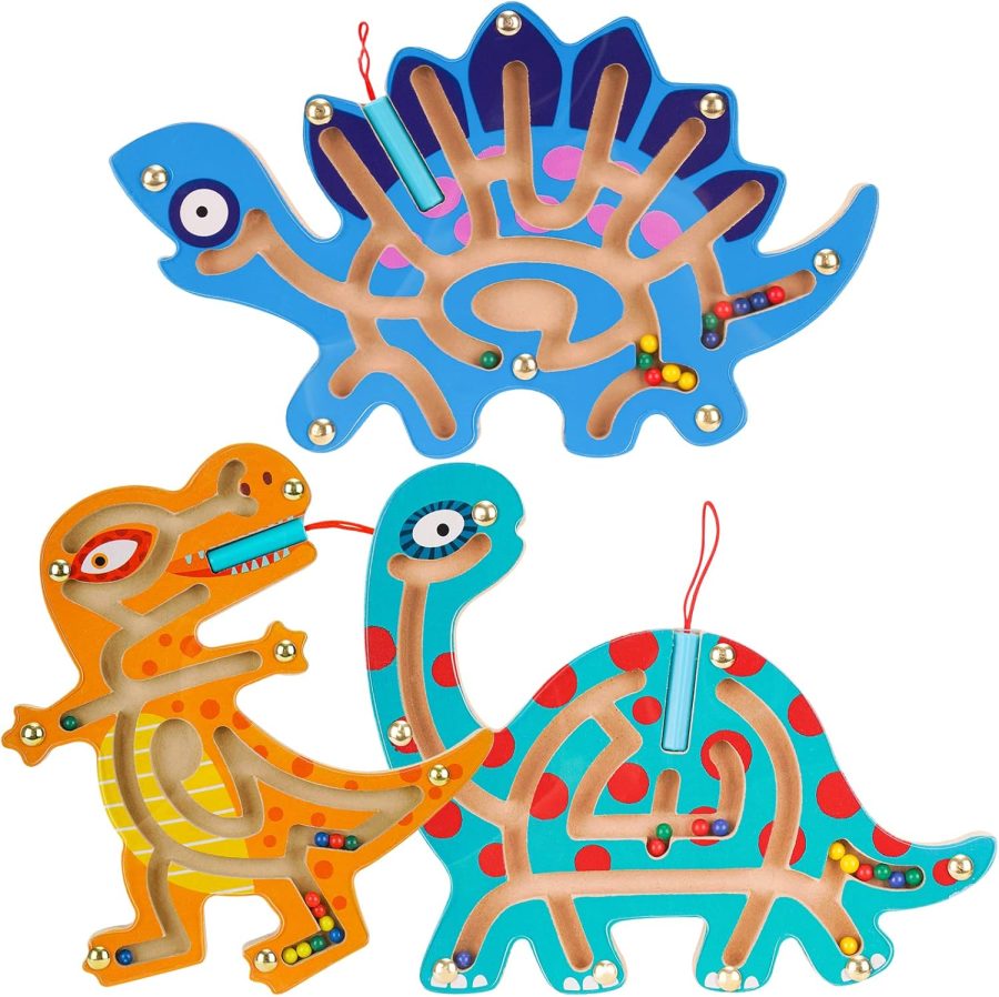 3-Pack Wooden Magnetic Maze Toys for Kids 3+, Dinosaur Interactive Puzzle Game Boards  Labyrinth Activity Child Fine Motor Skill Development Preschool Birthday Gifts (3 Dinosaurs)