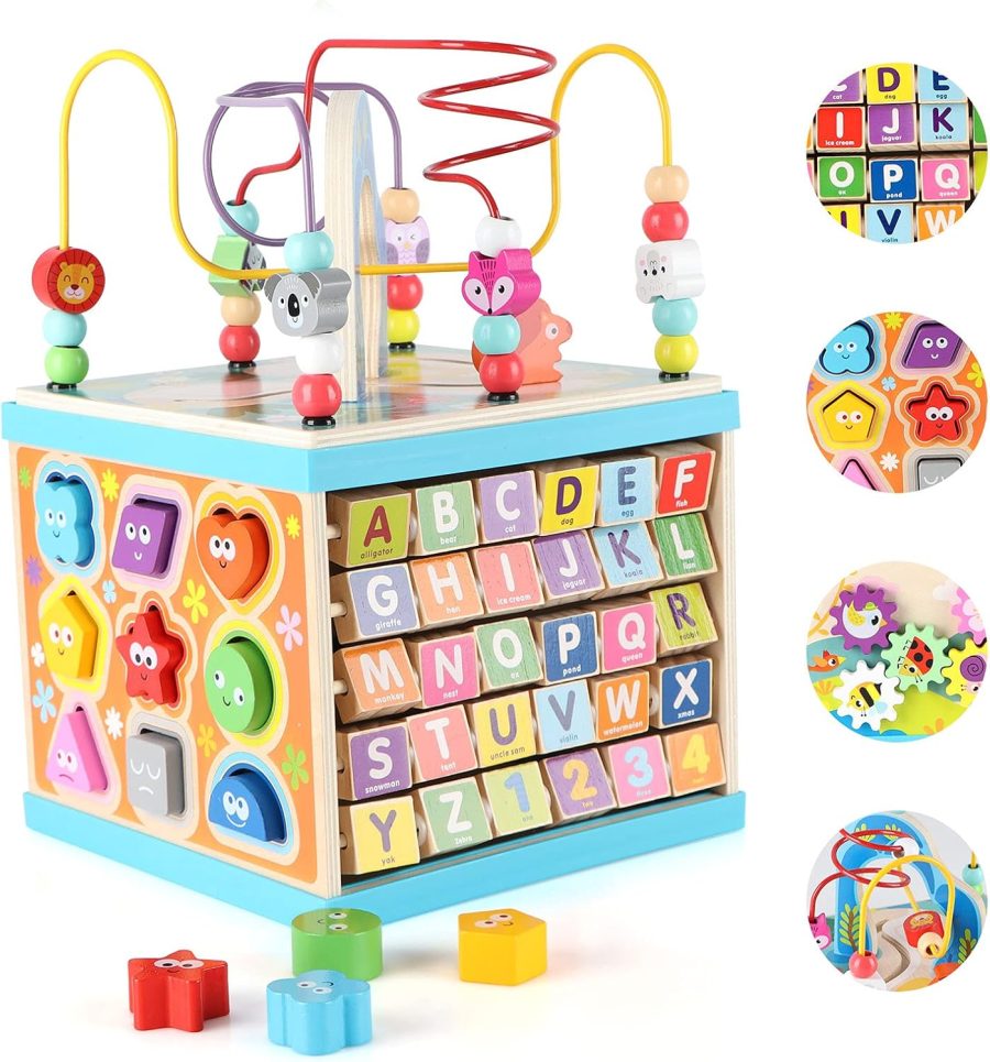 Wooden Activity Cube for Toddlers 1-3 (Large), 5 in 1 Multipurpose ABC-123 Abacus Bead Maze Shape Sorter | Early Educational Toy for Toddlers - First Birthday Present for Boys Girls