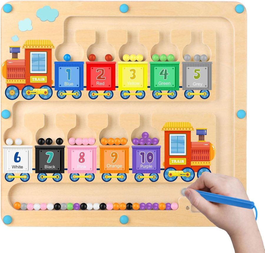 Magnetic Color and Number Maze Toy, Wooden Magnet Balls Puzzles Board, Fine Motor Skills Toddler Activities,  Gift for Boys Girls 3-5 Years Old, Preschool Busy Board for Kids