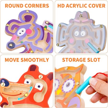 4PCS Wooden Magnetic Maze Toys for Kids 3+, 7''x8'' Animal Interactive Puzzle Game Board  Labyrinth Activity Child Fine Motor Skill Development Preschool Birthday Gift (4 Animals)