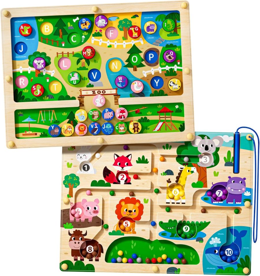 2 in 1 Magnetic Color and Number Maze Magnet Alphabet Counting Dinosaur Double Sided Board Wood Puzzle Fine Motor Skills  Preschool Toys Gifts for Boys and Girls 3-5 Age (Zoo, One Size)