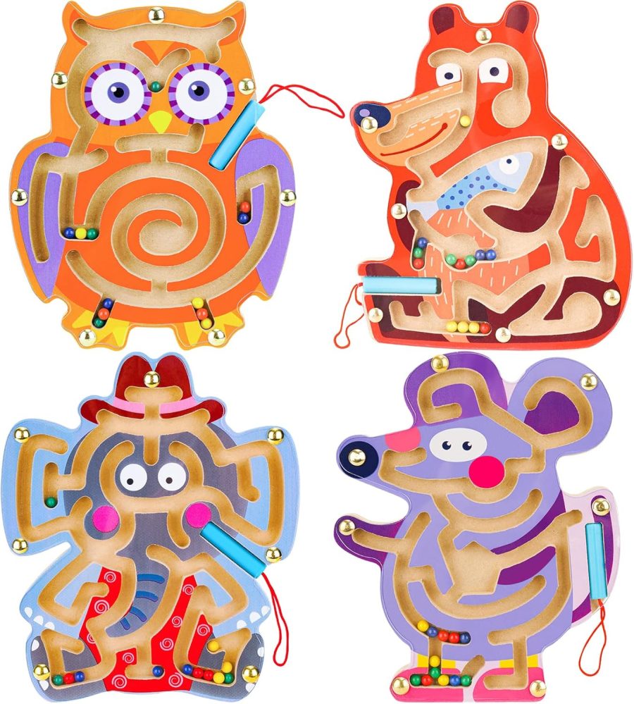 4PCS Wooden Magnetic Maze Toys for Kids 3+, 7''x8'' Animal Interactive Puzzle Game Board  Labyrinth Activity Child Fine Motor Skill Development Preschool Birthday Gift (4 Animals)