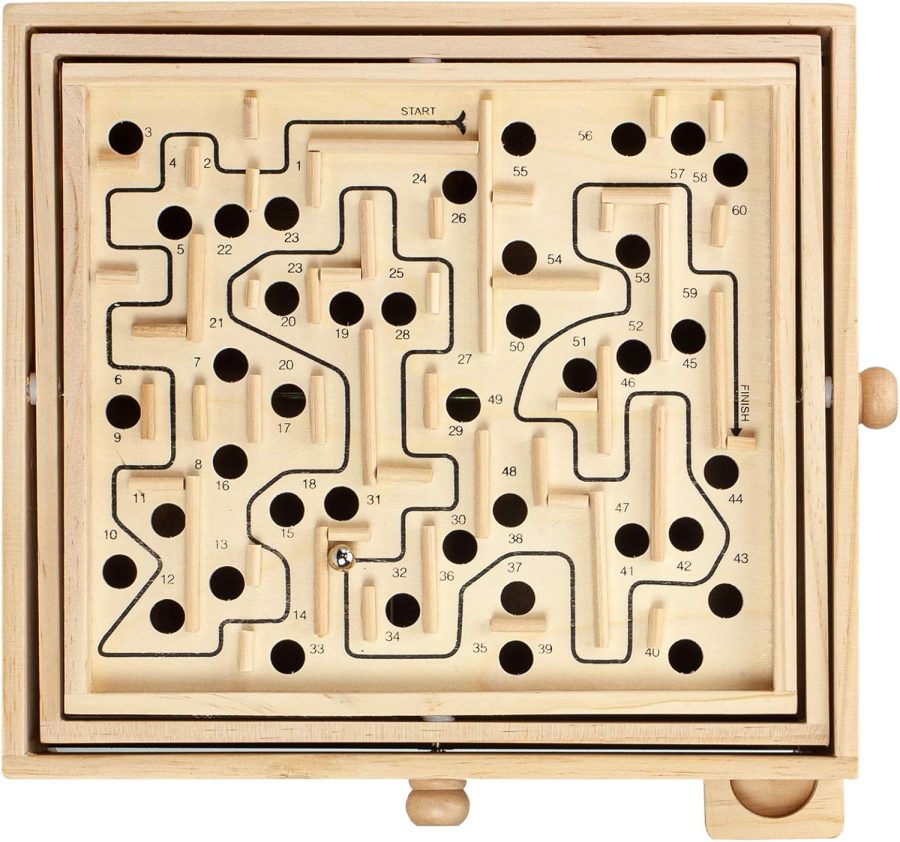 Large Wooden Labyrinth 13.5" x 13" Marble Ball Tilt Maze Wood Game with 60 Waypoints for 6 Years and Up