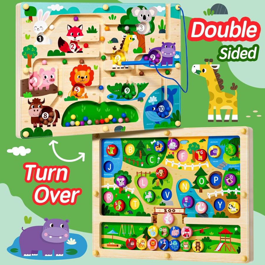 2 in 1 Magnetic Color and Number Maze Magnet Alphabet Counting Dinosaur Double Sided Board Wood Puzzle Fine Motor Skills  Preschool Toys Gifts for Boys and Girls 3-5 Age (Zoo, One Size) - Image 2