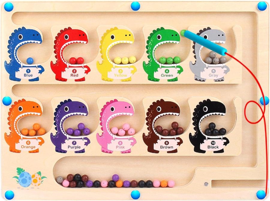 Magnetic Color and Number Maze -  Toys for 3-4 Year Old Boys Girls, Dinosaur Wooden Board Toddler Activities, Preschool Learning, Road Trip Travel Toys, Birthday Ideas