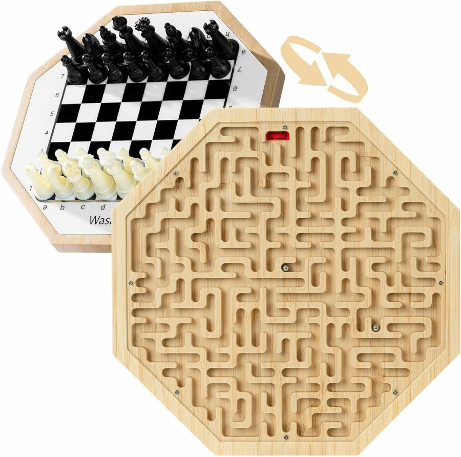 Octagonal Wooden Marble Maze with Magnetic Chess, Puzzle Maze Board Game Exercises Brain Thinking, Chess Board Game on The Back, Suitable for Boys and Girls Over 6 Years Old