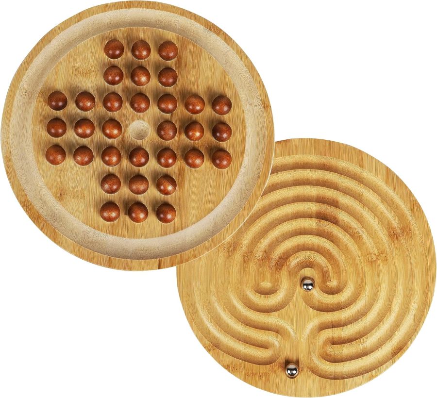 Wooden 2-in-1 Solitaire and Labyrinth Game Set- Classic one Player Board Game 25cm 9.8” Marbles-Balancing & Strategy Game 2in1-Brainteaser Puzzle and Maze for 6 Years Old to Adult