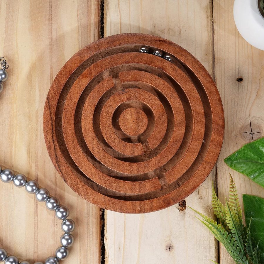 Handcrafted Indian Wooden Round Labyrinth Ball Maze Puzzle Board Game Challenging Education Game, Brain Teaser for Kids, Adults